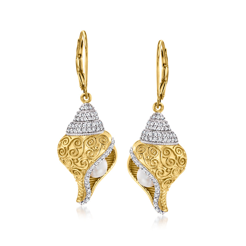 Leverback cultured pearl and white topaz drop earrings in gold over sterling