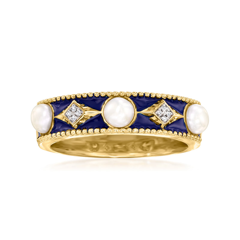 18kt gold ring with dark blue enamel, two diamonds, and three button cultured pearls