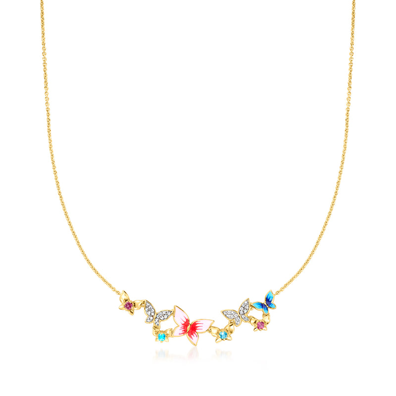 Gold-tone butterfly necklace with multicolored enamel and gemstone accents, delicate chain