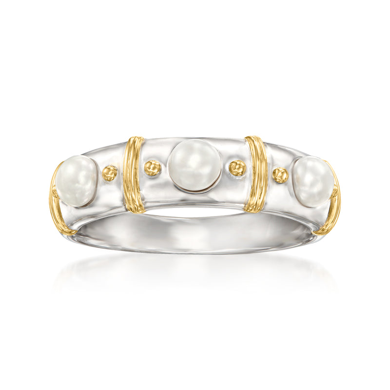 Two-tone sterling silver ring with three cultured pearl bezels and gold-tone accents