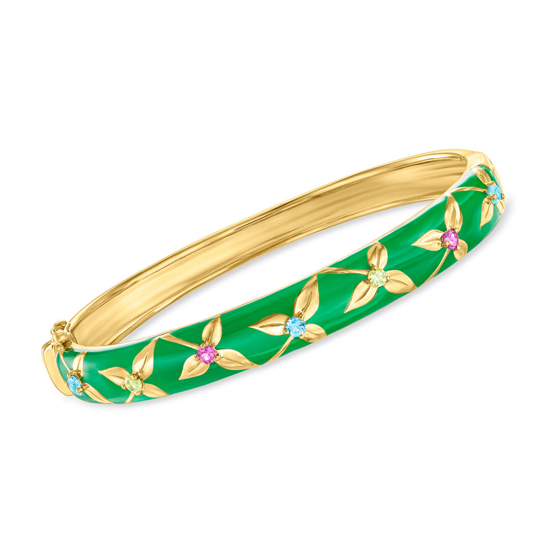 Gold bangle bracelet with green enamel and colorful floral gem accents