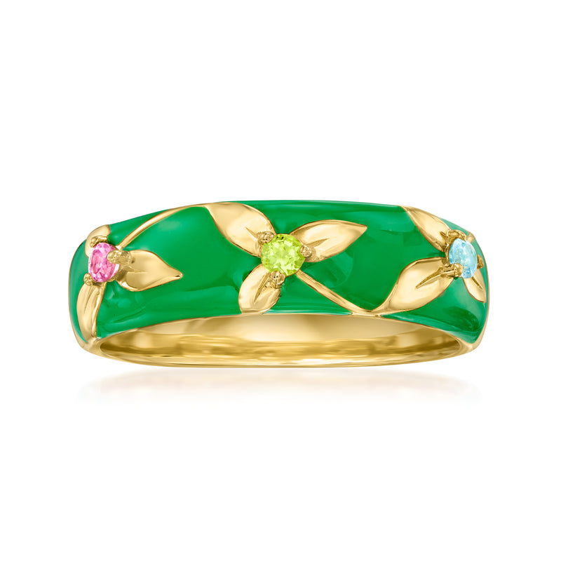 Floral green enamel ring with gold leaf accents and multi-color gemstones