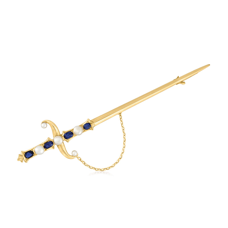 14kt yellow gold sword pin with cultured pearls, blue sapphires and a dangling chain