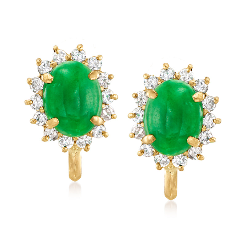 Vintage clip earrings in 18k yellow gold with oval green jade center and diamond halo