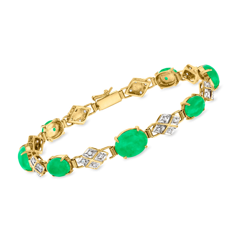 18kt yellow gold bracelet with green aventurine stones and diamond accents, hinged clasp