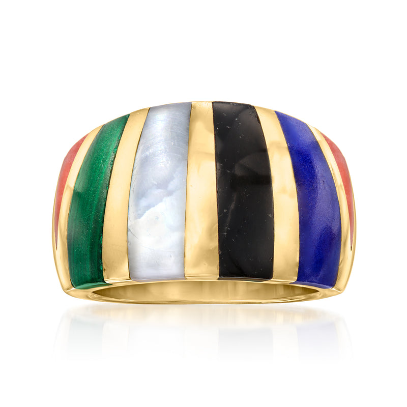 Multi-gemstone inlay ring with gold striped bezel, green, silver, black, and blue enamel