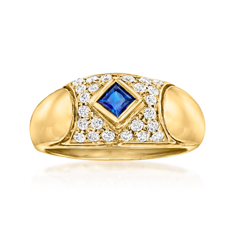 14kt yellow gold vintage ring with blue square sapphire and diamond halo