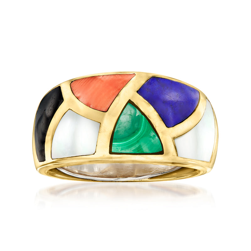 14kt yellow gold multi-gemstone inlay ring with coral, green, blue, black, white panels
