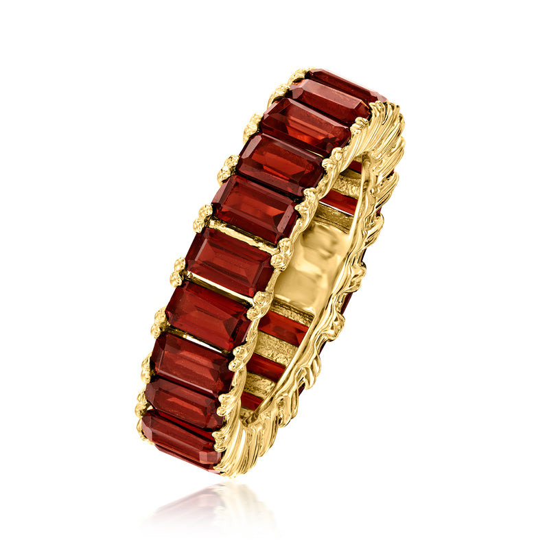 Garnet eternity band angled view with red rectangular stones in gold over sterling