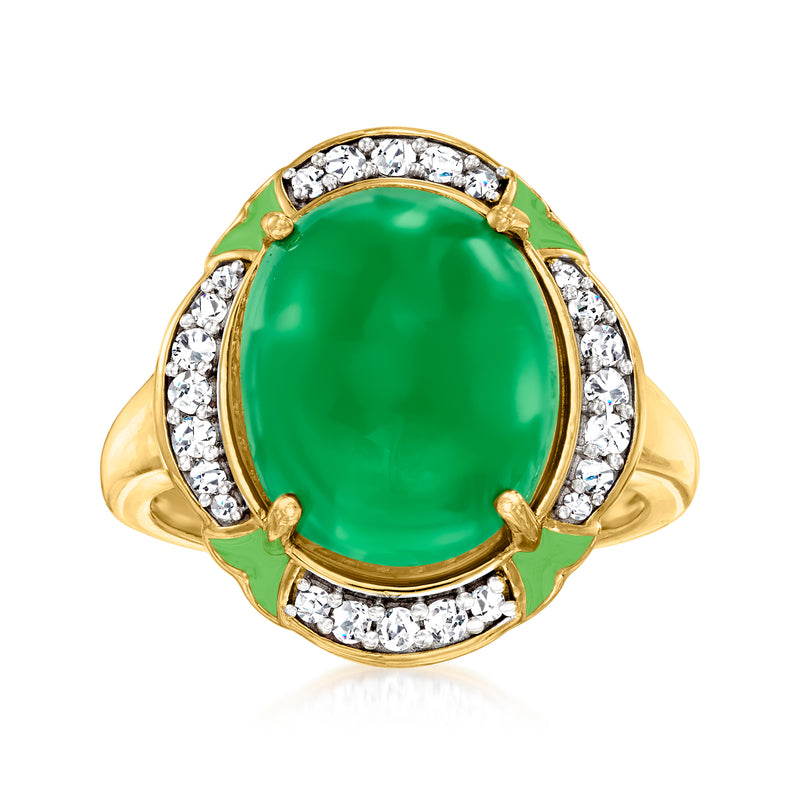 Gold ring with oval green chalcedony-style center and white zircon halo, green enamel edges