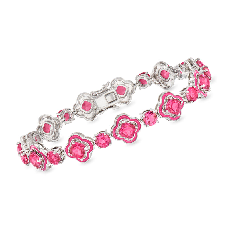 Sterling silver bracelet with pink topaz and pink enamel clover charms, linked by chain