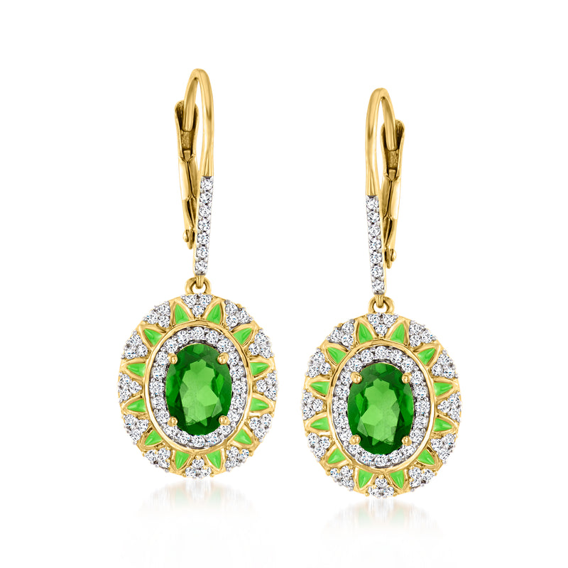 18kt gold over sterling leverback drop earrings with green oval gemstone, white stones, green enamel