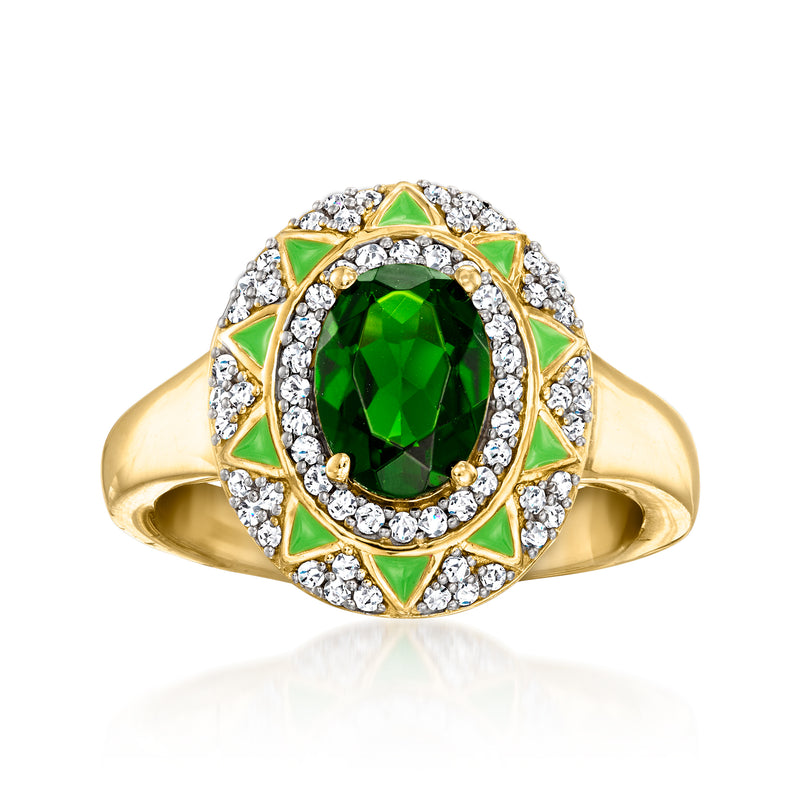 Gold-tone ring with oval green diopside center, white zircon halo, green enamel accents