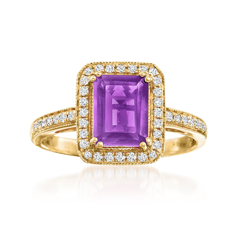 14kt yellow gold ring with rectangular amethyst center and diamond halo and band