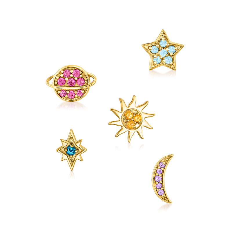 Five celestial stud earrings set in gold-tone with blue, pink, purple, and amber gemstones