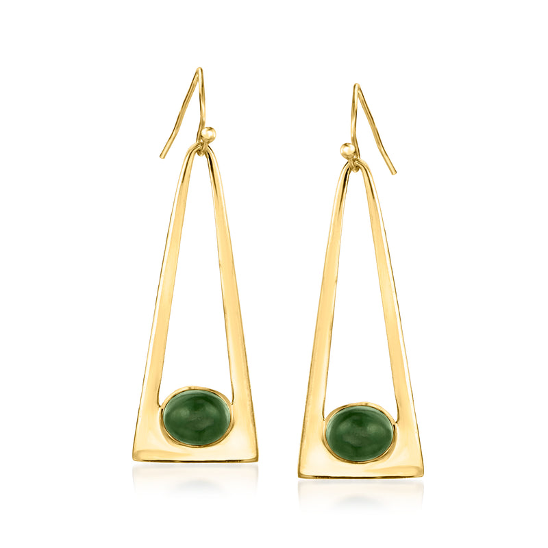 Triangular drop earrings with green nephrite cabochon, gold-tone earwire