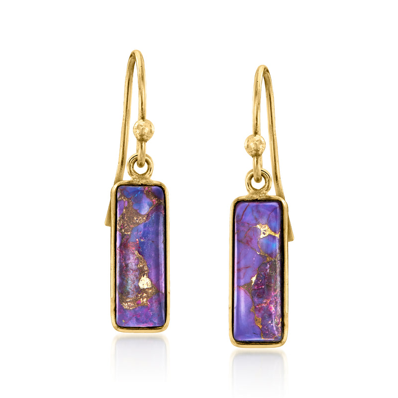 Gold over sterling earwire drop earrings with rectangular purple and turquoise stone
