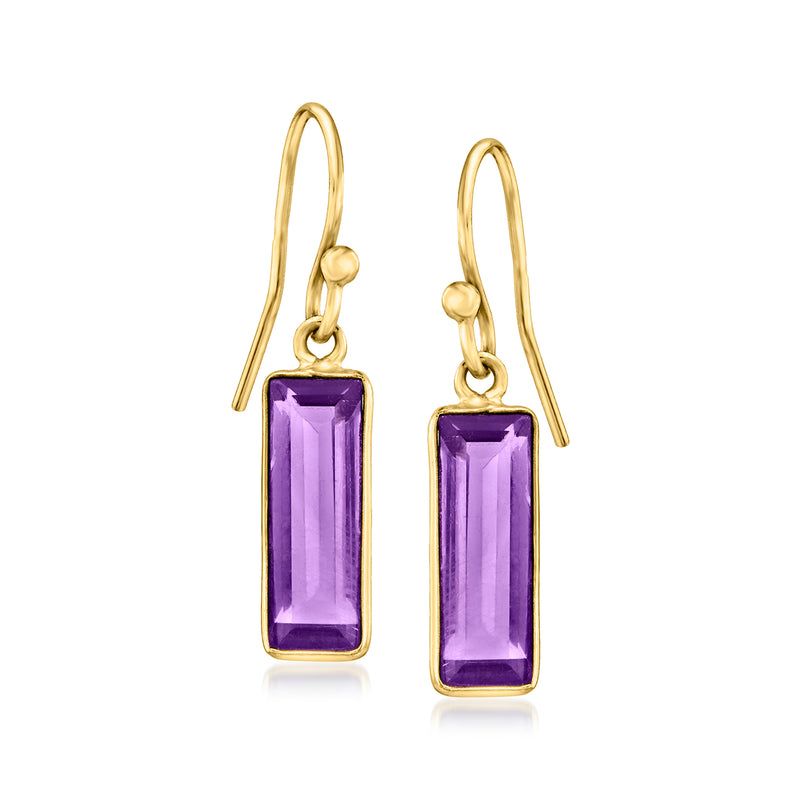 Rectangular amethyst drop earrings, purple stones, gold over sterling earwires