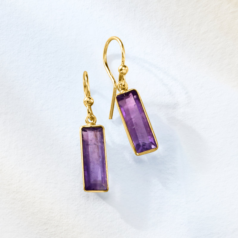 Rectangular amethyst drop earrings in gold over sterling with purple stones
