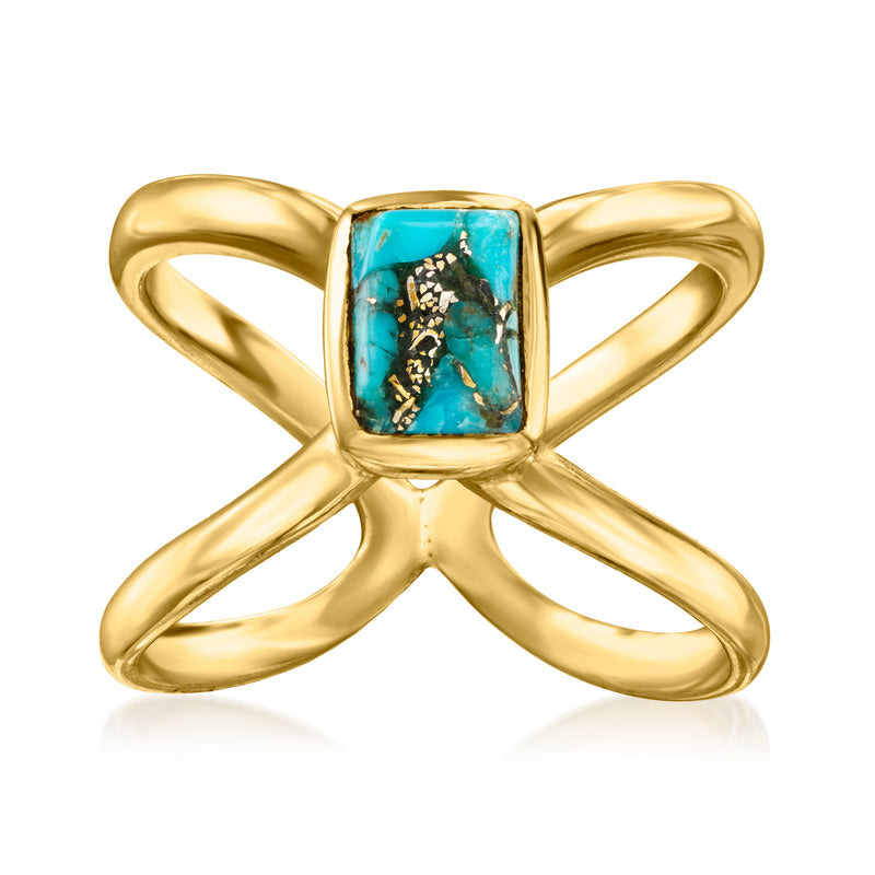 18kt gold over sterling crisscross ring with square turquoise gemstone center