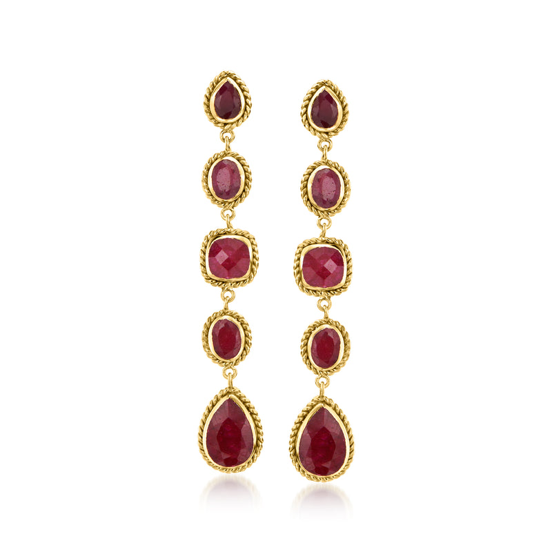 Gold over sterling ruby drop earrings with five oval red stones, tiered design