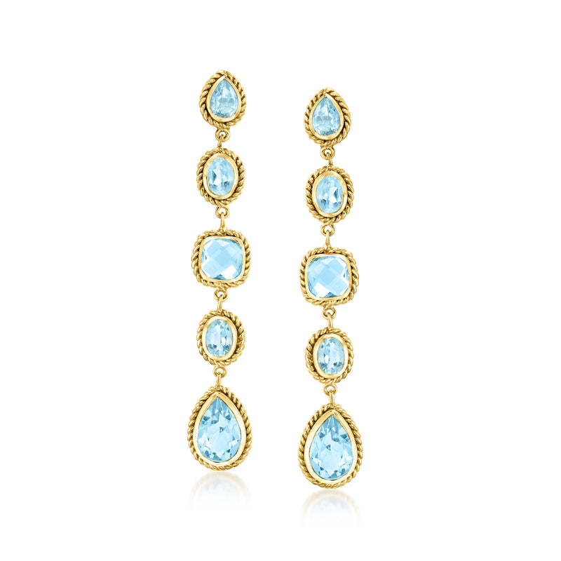Gold-tone drop earrings with five light blue oval gemstone drops, gold loops