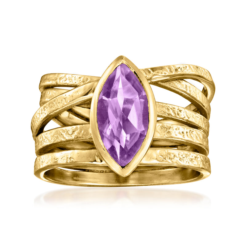 Gold over sterling amethyst oval gemstone ring with carved split-shank design