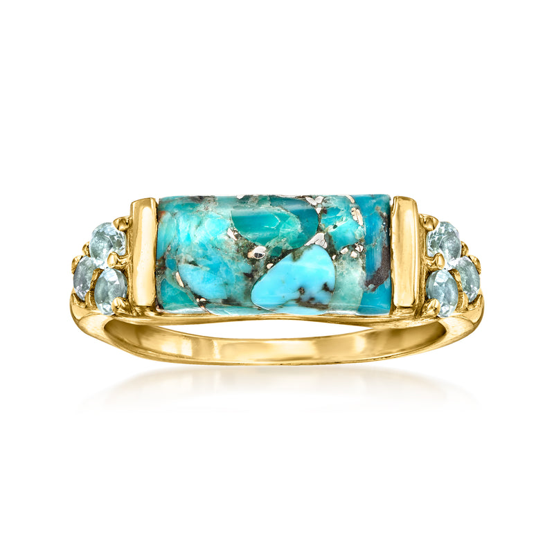 Turquoise gemstone bar ring in gold over sterling with round crystal side stones