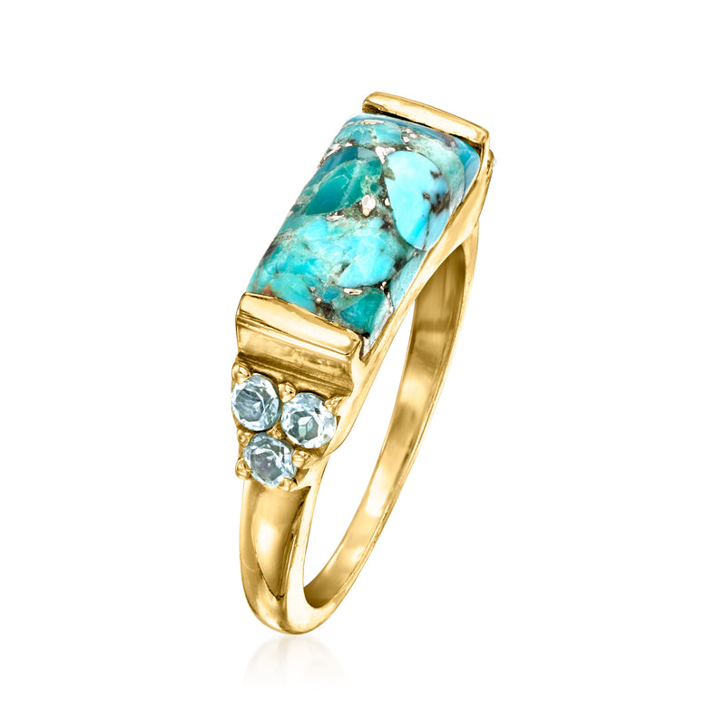 Gold over sterling ring with turquoise rectangular center stone and round crystal accents