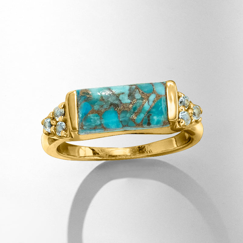 Gold over sterling turquoise rectangular ring with cluster of round crystal stones