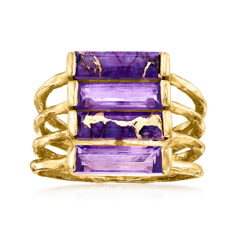 Three-stone rectangular purple amethyst ring, bezel set in gold over sterling