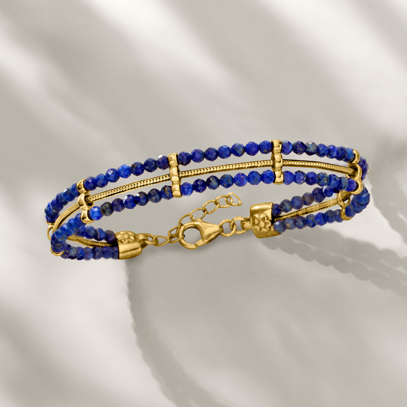 Lapis bead snake-chain bracelet with gold bar accents and lobster clasp, blue beads