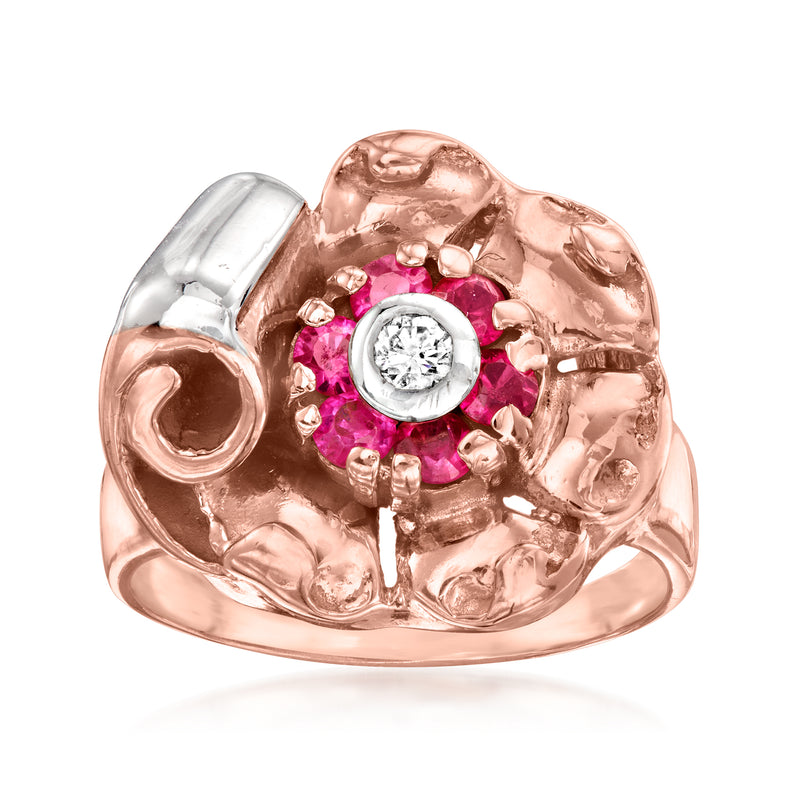Vintage 14kt rose gold flower ring with ruby center and round diamond