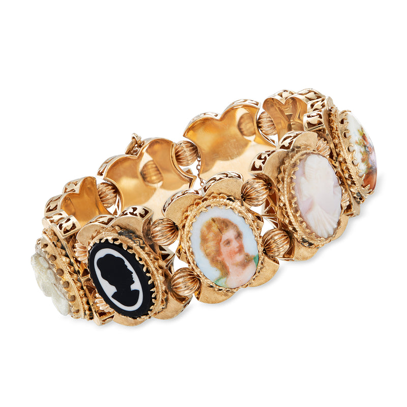 14kt yellow gold slide bracelet with oval and cameo settings, ornate frames