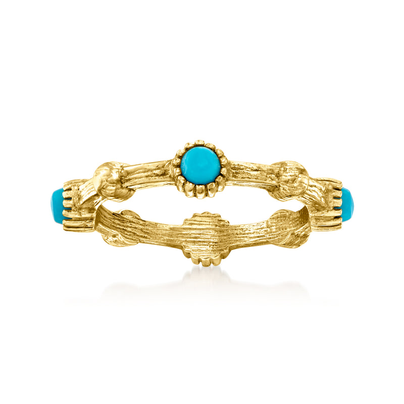 Turquoise stone ring in gold-tone over sterling with hands setting and round bezel