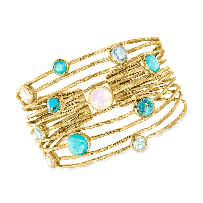 Gold-tone cuff bracelet with turquoise, light blue, and opal-like multi-gem accents