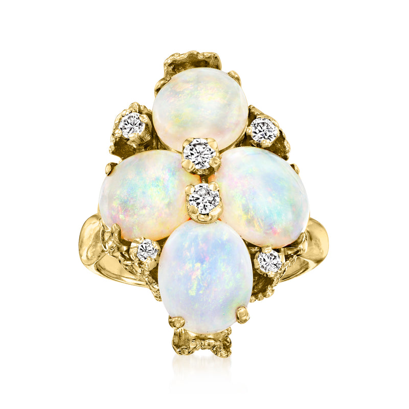 Vintage opal flower ring in 14kt yellow gold with round diamond accents