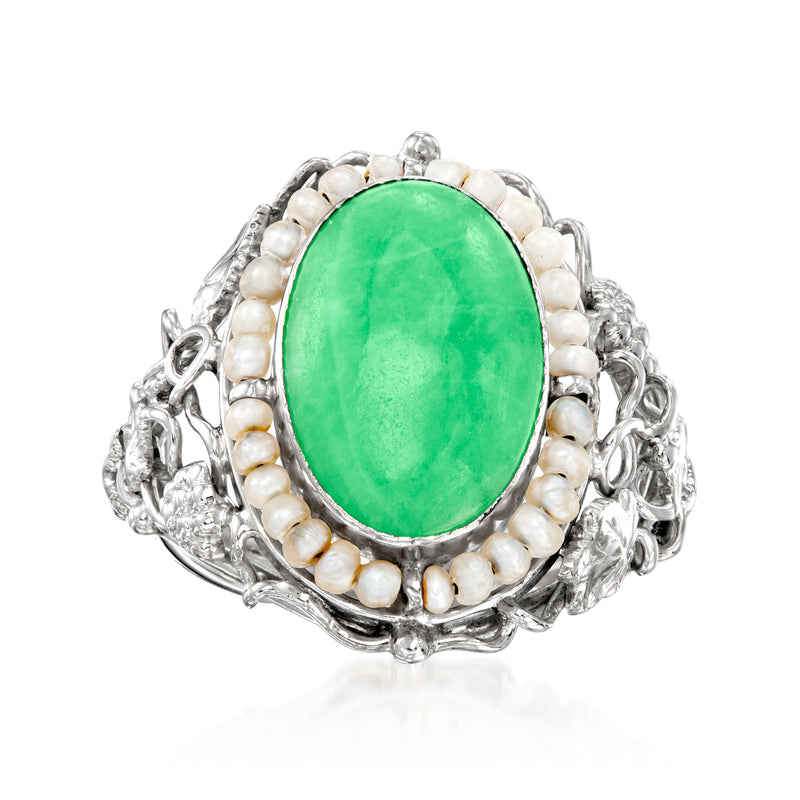 Vintage oval jade ring with seed pearls and 14kt white gold setting