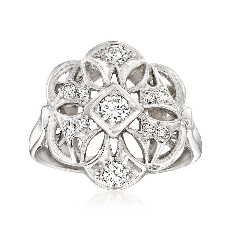 Vintage diamond cluster cocktail ring in 14kt white gold with central square stone