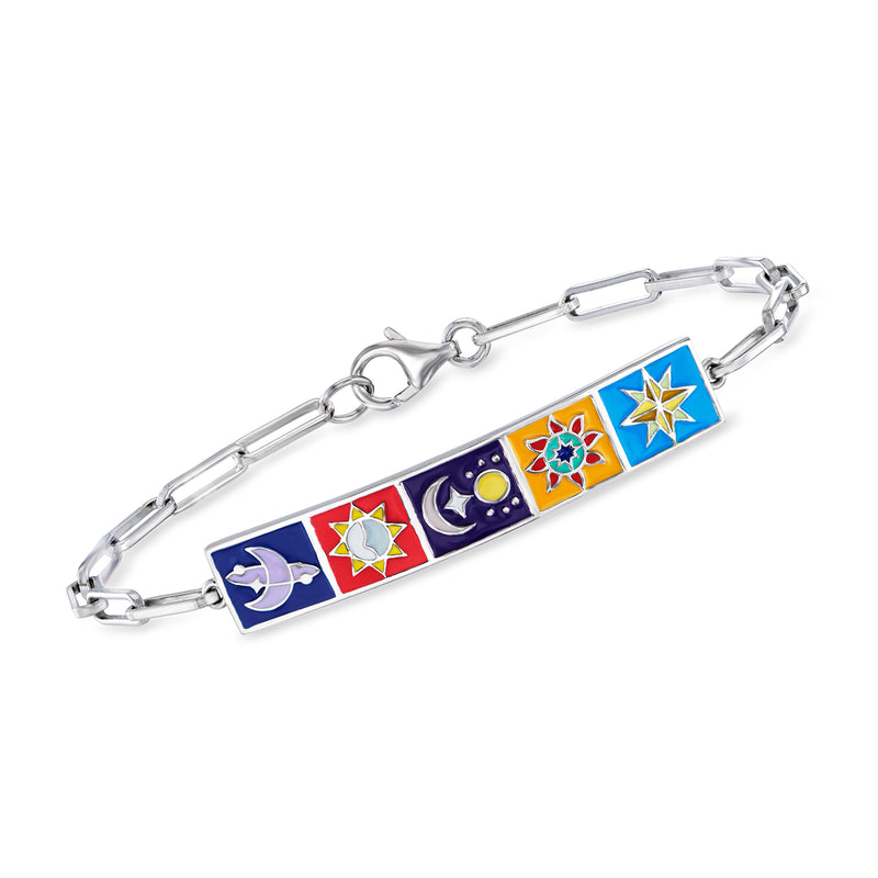 Sterling silver paper-clip link ID bracelet with multicolor celestial enamel bar