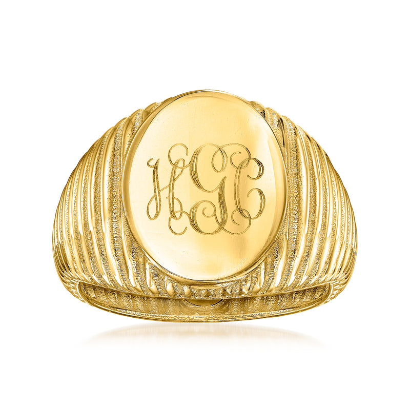 Yellow gold signet ring with engraved monogram initials on round face