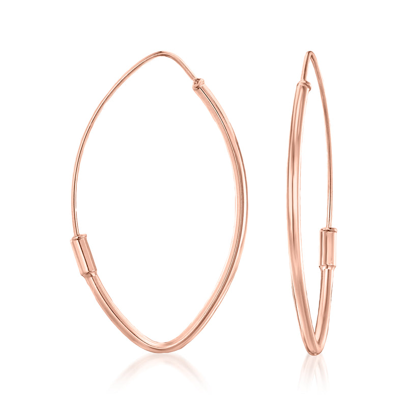 Rose gold oval hoop earrings with rectangular hinge blocks
