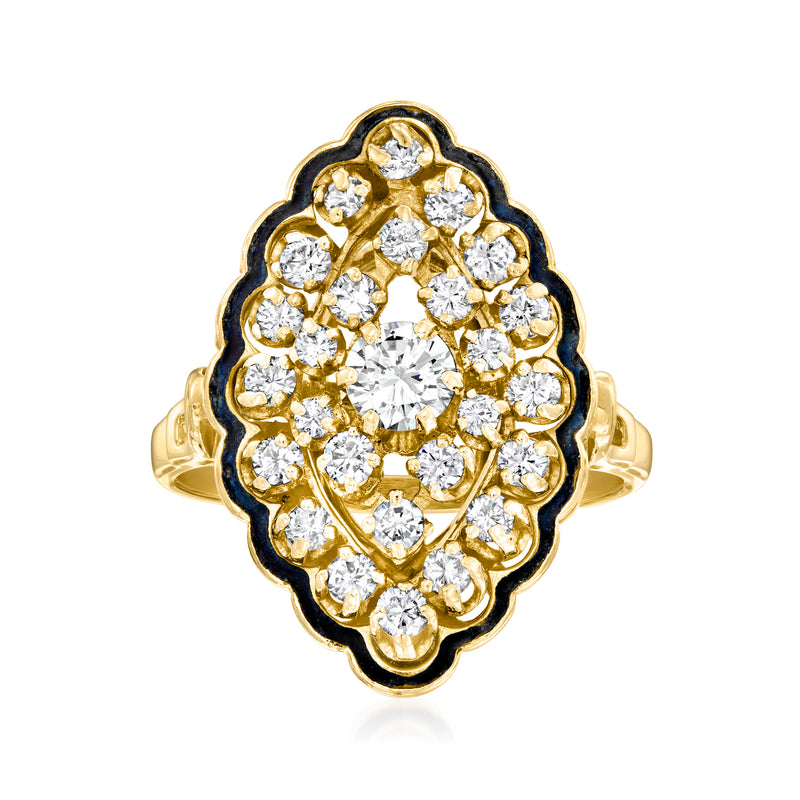 Marquise diamond cluster ring with black enamel border in 14k yellow gold