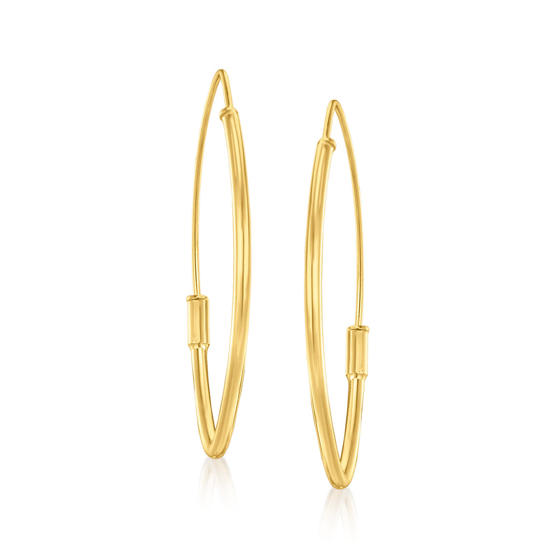 Yellow gold marquise-shaped hoop earrings with hinge clasp, slim oval profile.