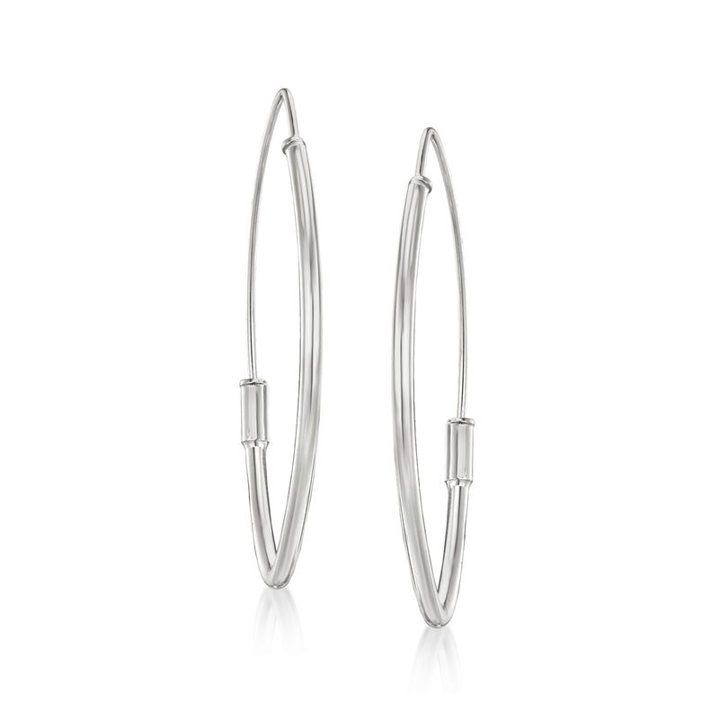 14kt white gold marquise-shaped hoop earrings, slim oval hoops with inset detail