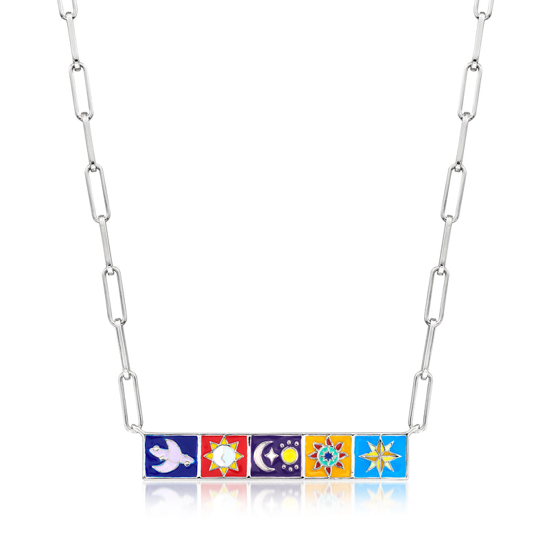 Sterling silver link bar necklace with multicolored enamel celestial charms
