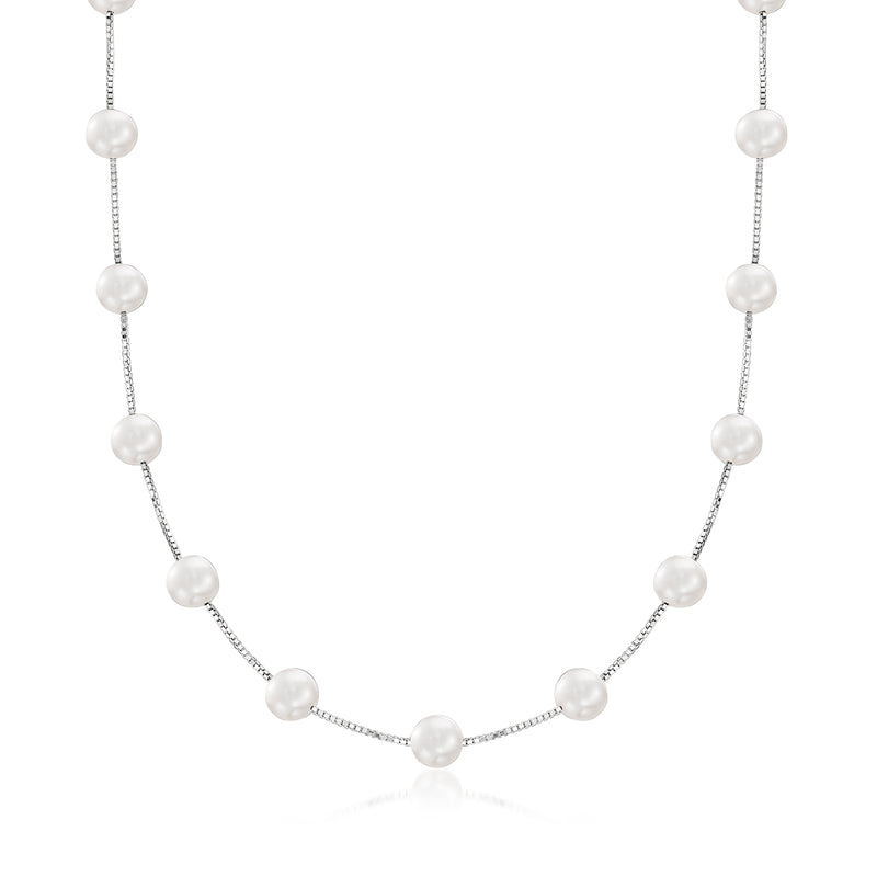 Sterling silver cultured pearl station necklace with evenly spaced round white pearls