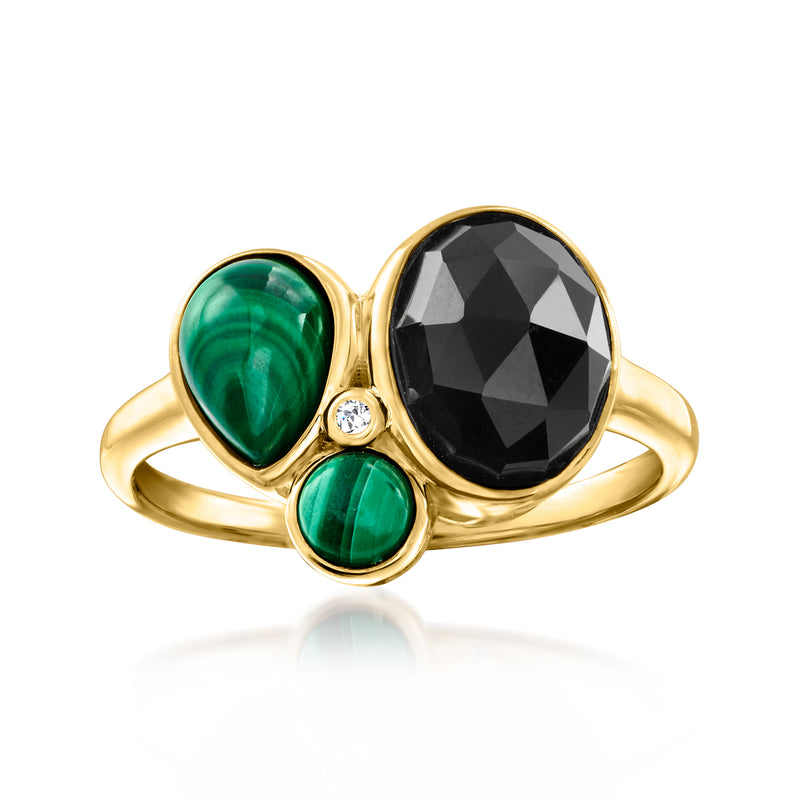 Gold-plated ring with oval black onyx, two green malachite ovals, and small white topaz