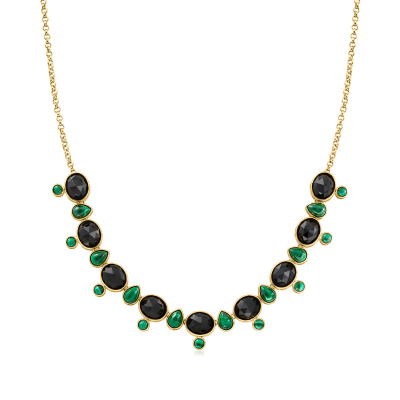 Gold over sterling necklace with black onyx and green malachite stone drops
