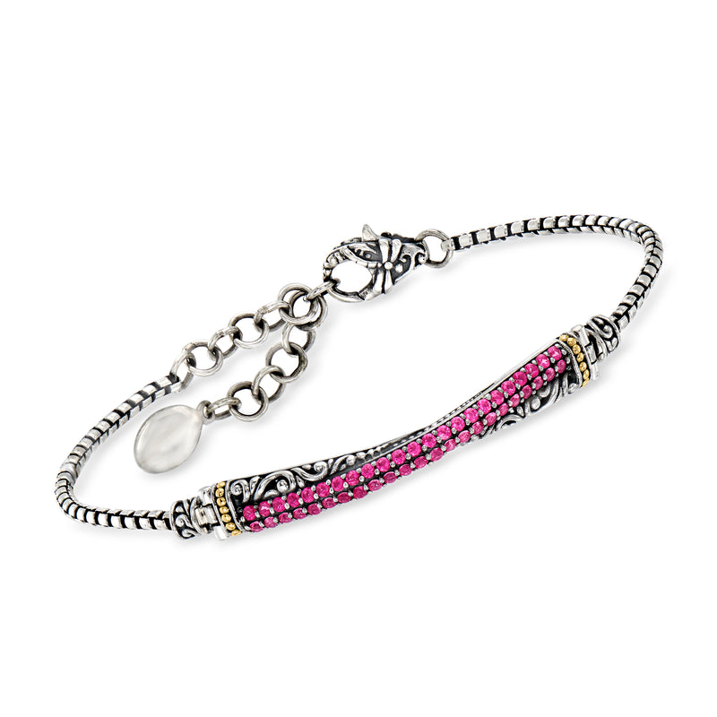 Pink topaz Bali-style ID bracelet in sterling silver with yellow gold accents